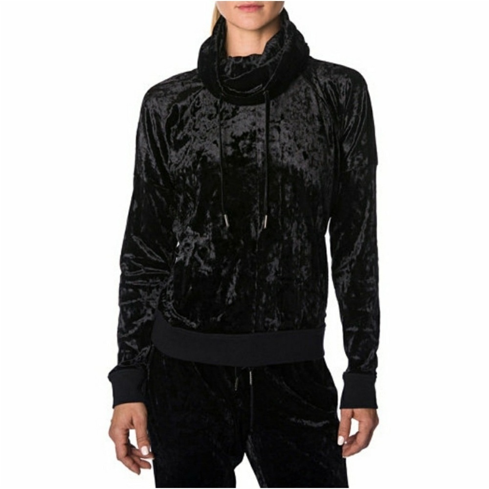 Betsey Johnson Performance Black Crushed Velvet Cowl Neck Hoodie – Size M